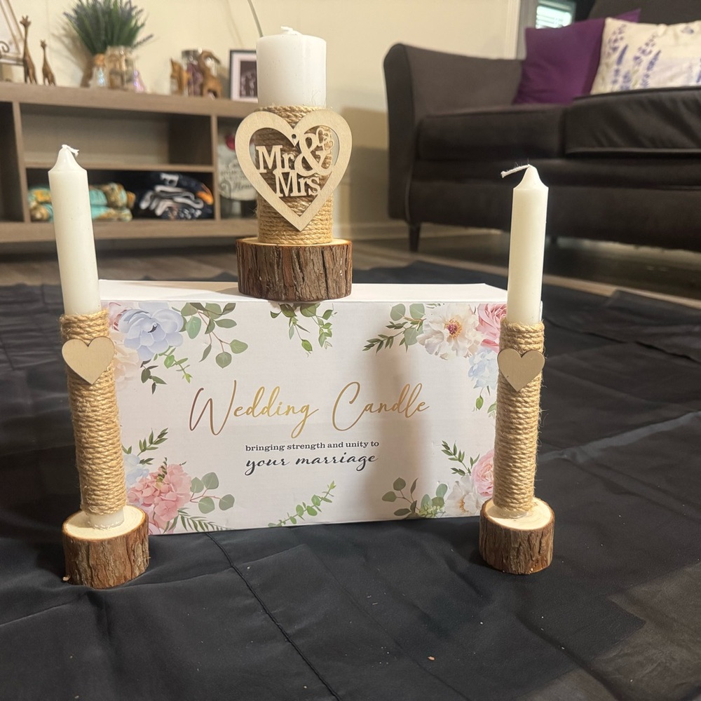 Wedding Unity Candle Set - White & Natural Rope Accent